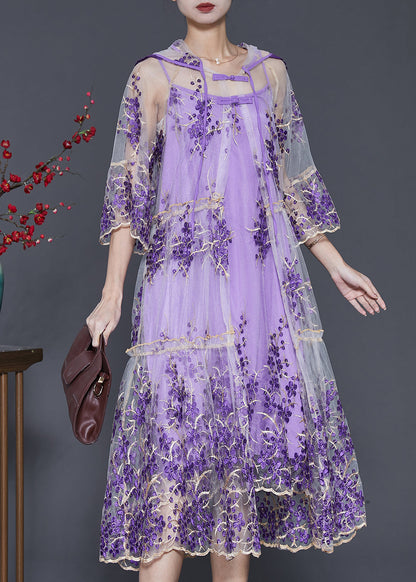Purple Embroidered Tulle Dress Two Pieces Set Summer