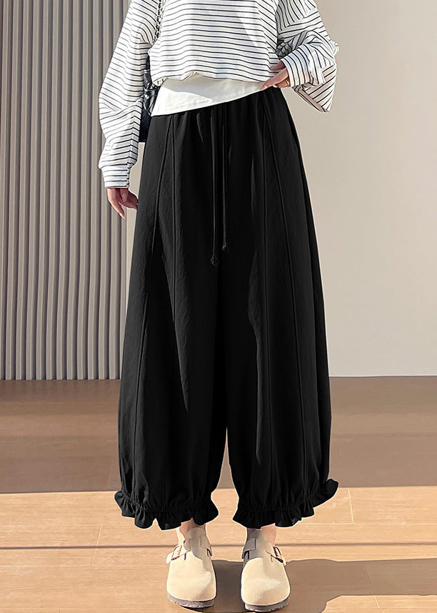 Black Elastic Waist Ruffled Cotton Pants Fall