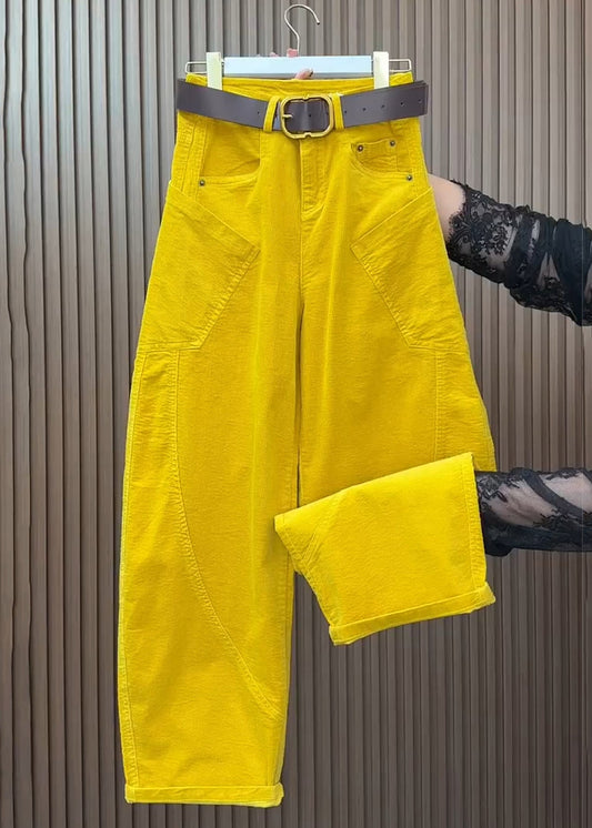 Yellow Pockets High Waist Corduroy Wide Leg Pants Fall