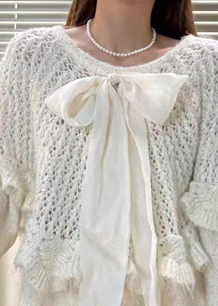 White Hollow Out Knit Two Pieces Set Bow Fall
