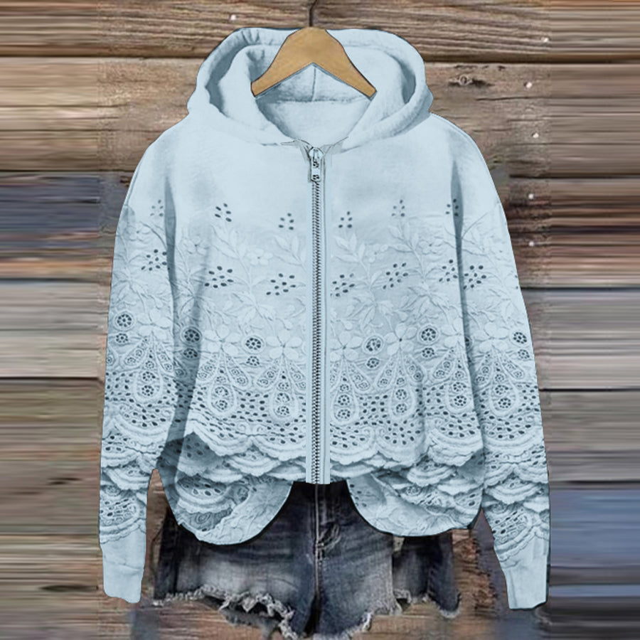 Comstylish Vintage Floral Embroidered Lace Art Full Zip Hoodie