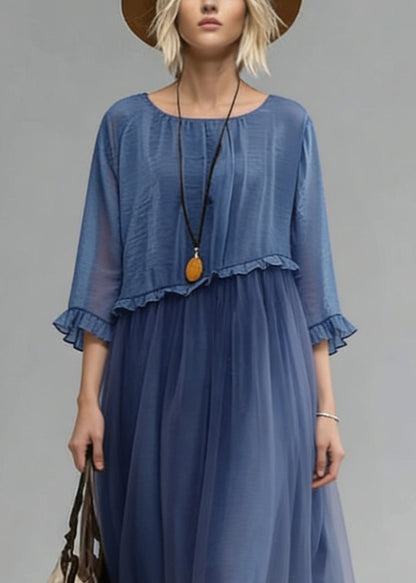 Blue O-neck Ruffled Tulle Patchwork Chiffon Dress Summer
