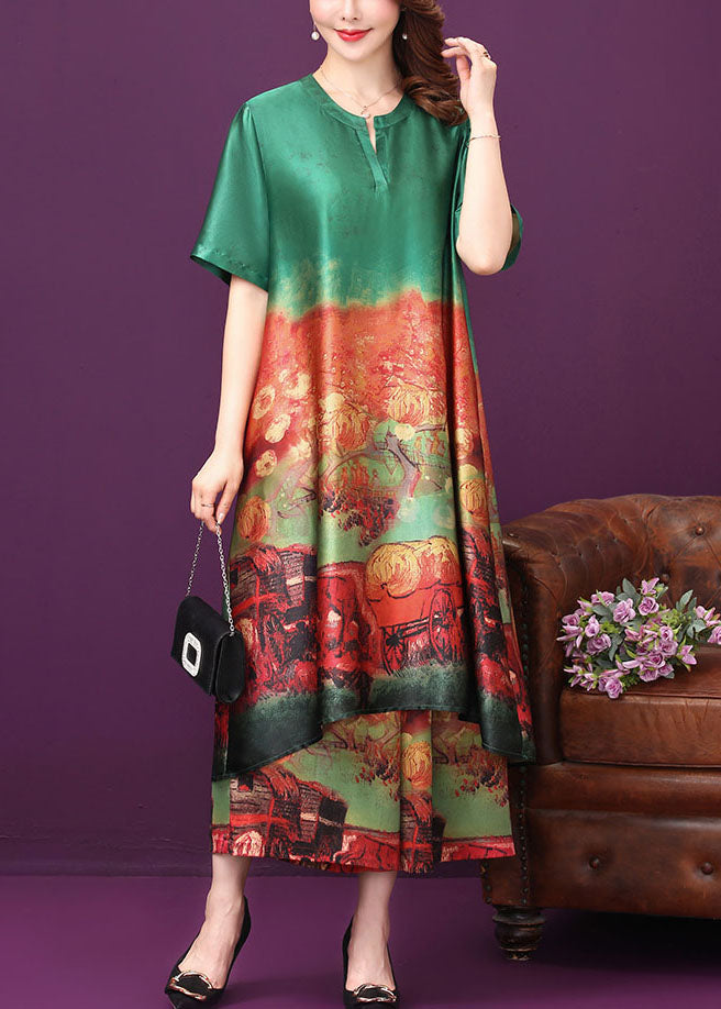 Green Print Silk Long Dress and Wide Leg Pants Two Piece Suit Set V Neck Summer