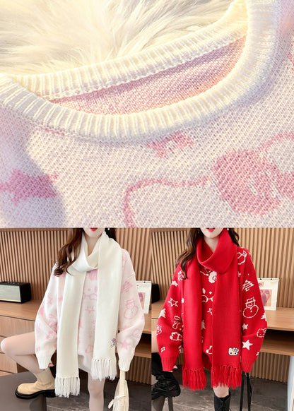 Red Thick Print Cotton Knit Sweater Long Sleeve