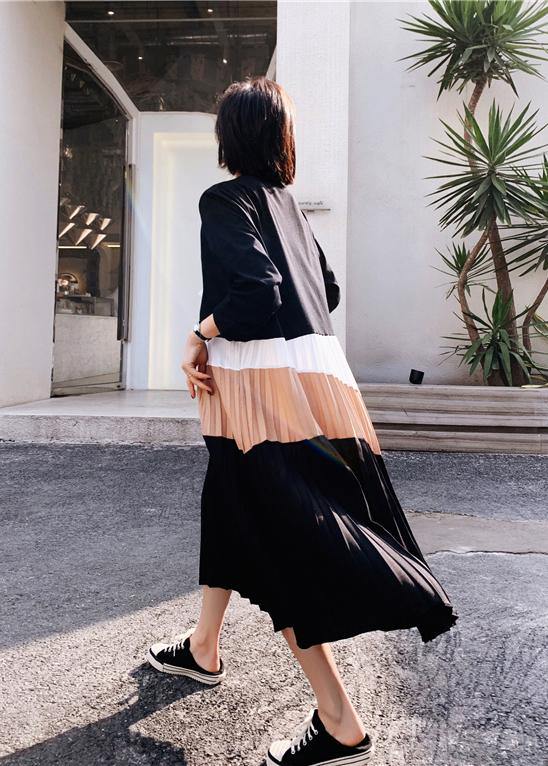 Black Patchwork Cinched Robe Spring Dresses