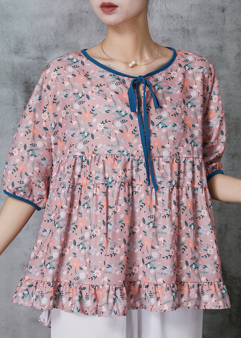 Purple Ruffled Print Cotton Blouses Summer