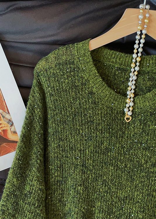 Green O Neck Hollow Out Knit Sweaters Fall