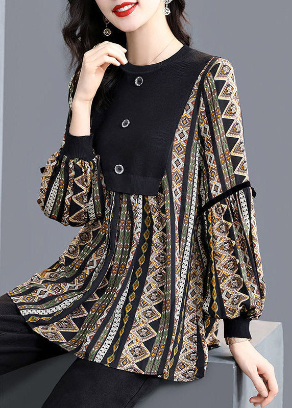 Black O-neck Patchwork Striped Print Shirt Tops Long Sleeve