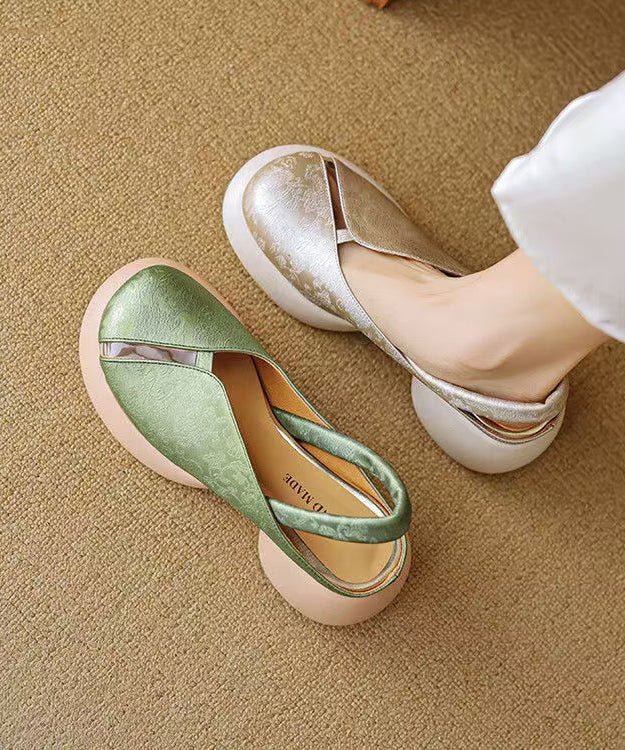 Comfy Splicing Chunky Sandals Champagne Cowhide Leather Hollow Out