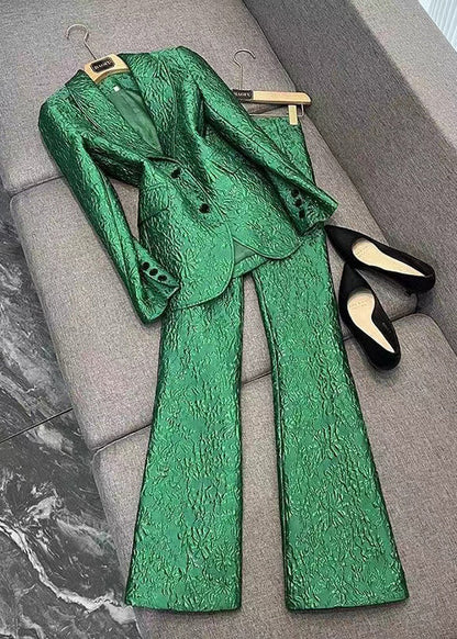 Boutique Green Coat and Pants Cotton Two Piece Set Outfits Fall
