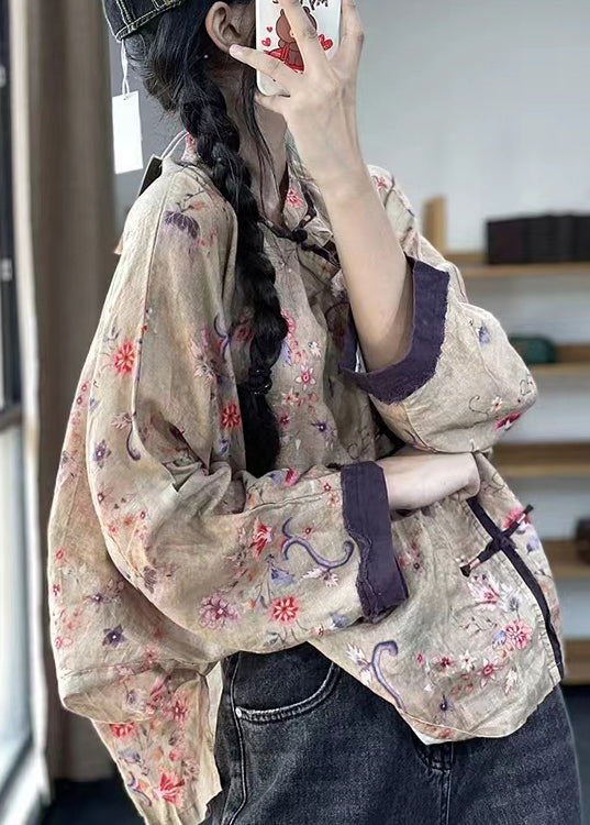 Loose Gray Text Button Print Patchwork Cotton Shirts Long Sleeve