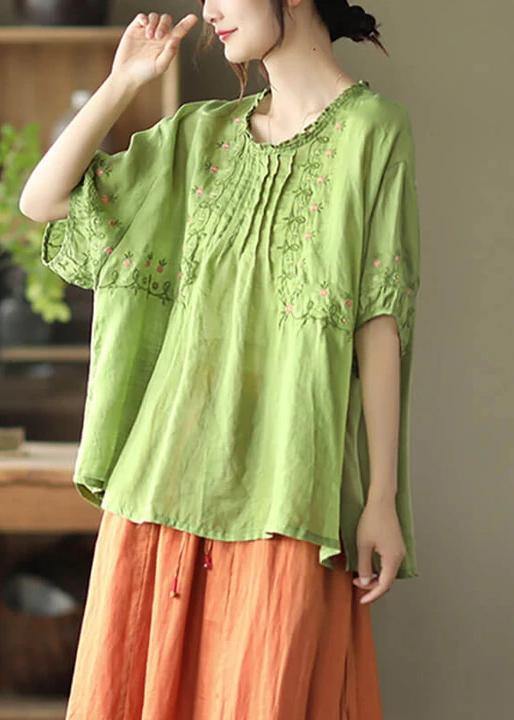 Green Draped Ramie O-neck Embroidered Split T-shirt