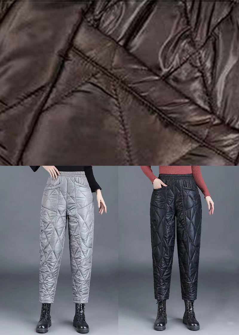 Loose Grey Plaid Pockets Elastic Waist Fine Cotton Filled Crop Pants Winter
