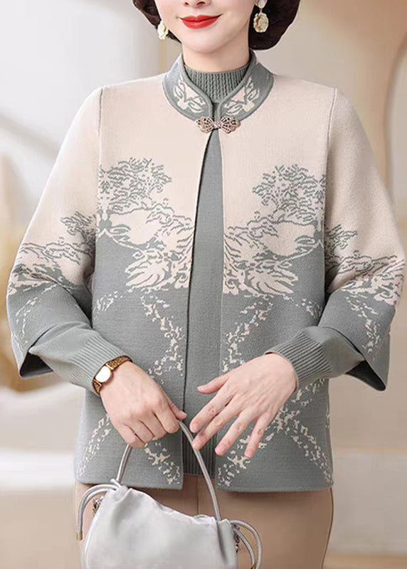 Chinese Style Blue Stand Collar Cotton Knit Cardigans and Sweater Two Pieces Set Fall