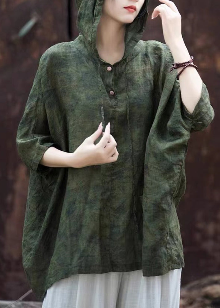 Blackish Green Print Button Hooded Top Summer
