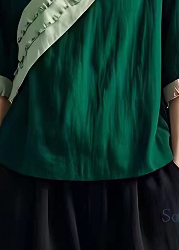 Peacock Green Ruffled Patchwork Linen Blouses Summer