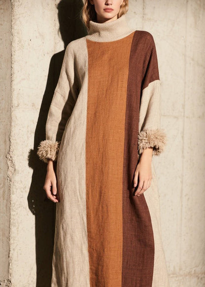 Colorblock Hign Neck Patchwork Cotton Dress Fall