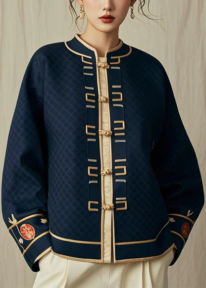 Classy Navy Stand Collar Plaid Button Coat Fall