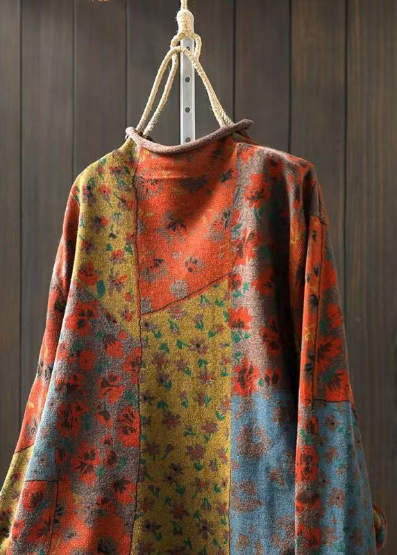 Khaki Half Hign Neck Print Cotton Knit Sweaters Fall