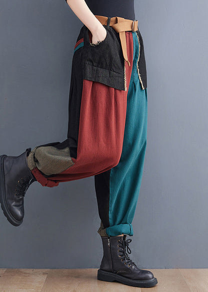 Colorblock Pockets Patchwork Cotton Denim Harm Pants Summer