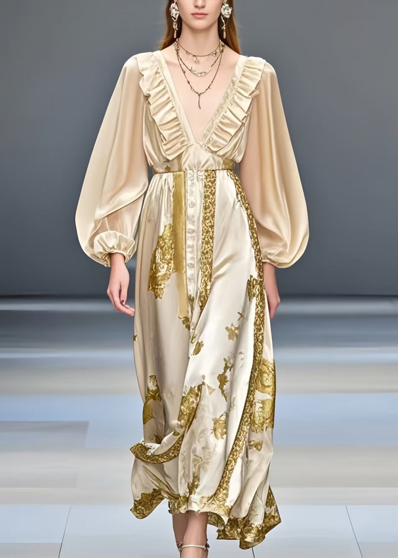 Champagne Ruffled Print Silk Dress Summer