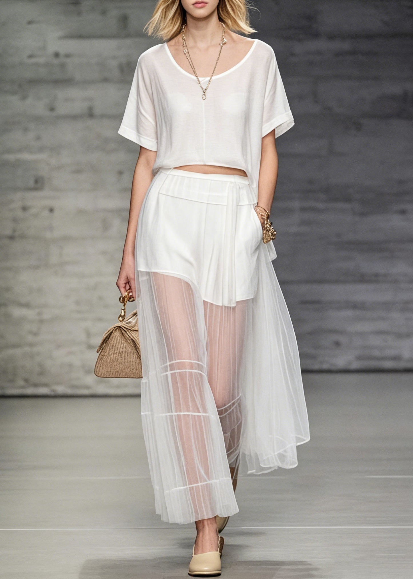 White O Neck T Shirt and Skirts Tulle Patchwork Two Pieces Set Summer