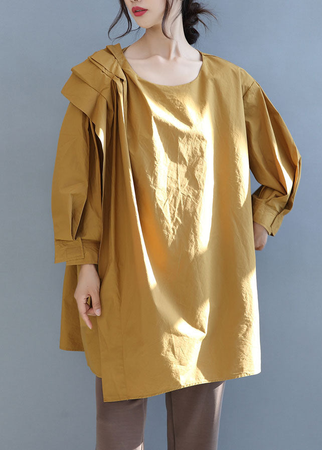 Italian Yellow O-neck Asymmetrical Cotton Top Fall