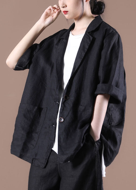 Black Pockets Linen Coat Peter Pan Collar Button Long Sleeve