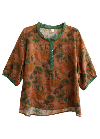 Red Ruffled Print Button Low High Design Ramie Shirt Summer