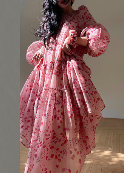 Pink O-neck Print Silk Long Dresses Spring