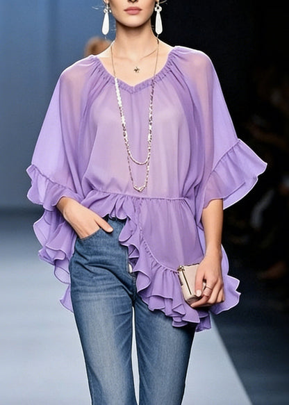 Purple Ruffled Chiffon Shirt V Neck Half Sleeve