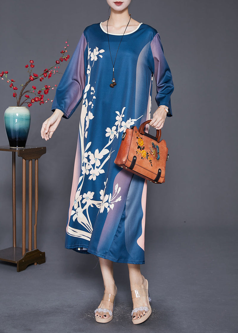 Navy Oversized Print Silk Long Dress Fall
