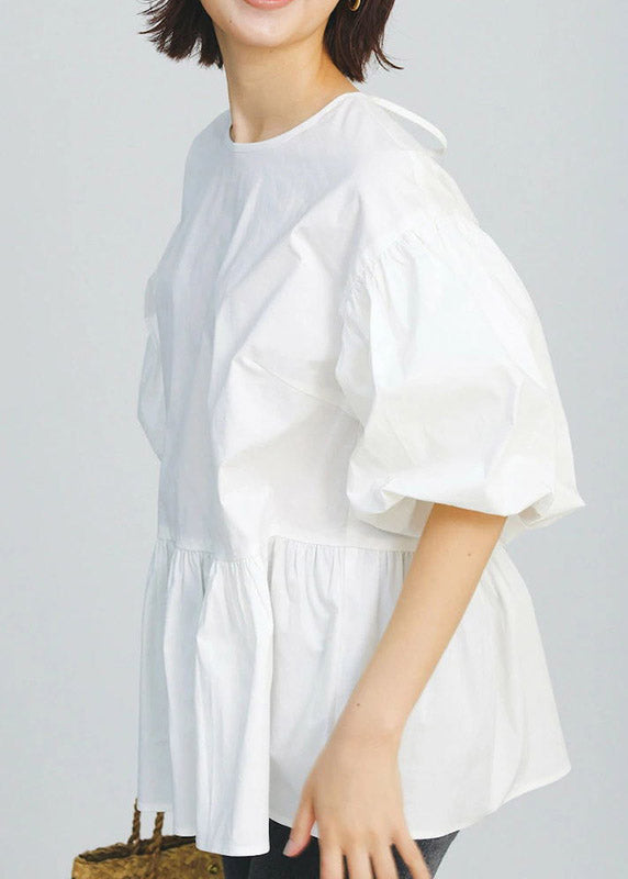 White O-neck Patchwork Cotton Shirt Puff Sleeve