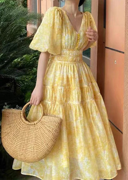 Yellow V Neck Print Chiffon Long Dress Summer