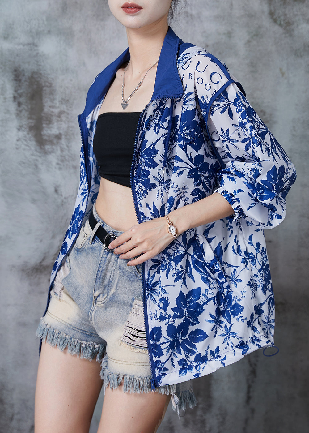 Blue Hooded Print Spandex Coat Outwear Fall