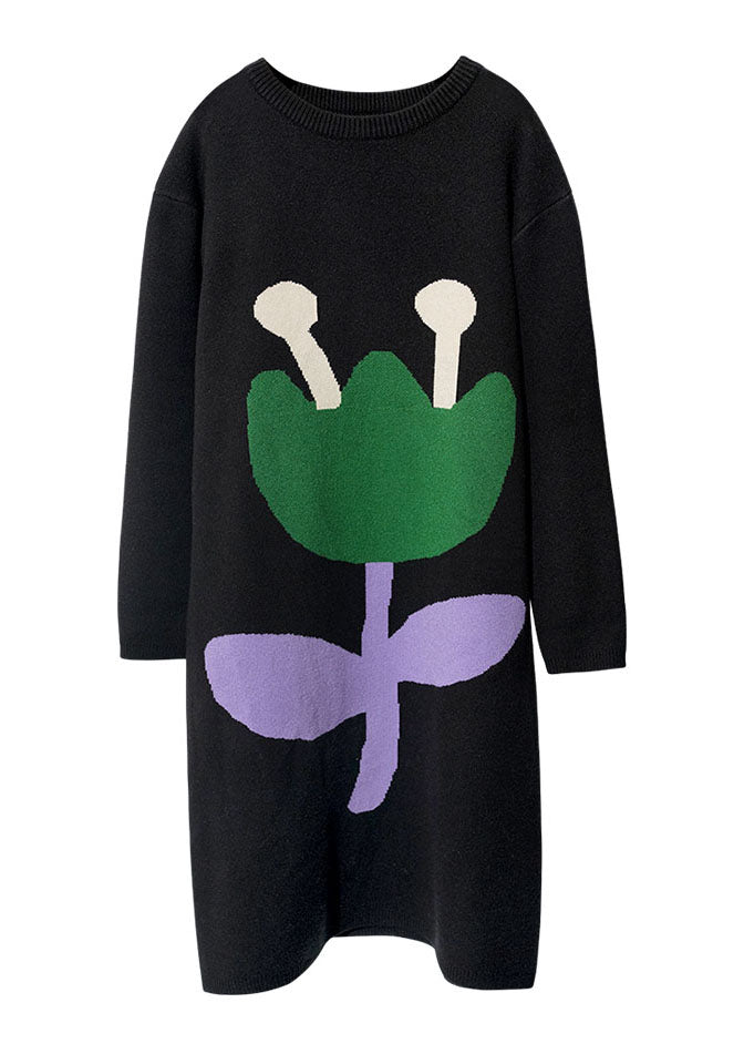 Italian Black O-neck Thick Cotton Knit Sweater Dress Long Sleeve
