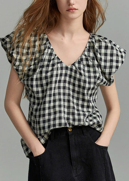 Black V Neck Plaid Shirt Short Sleeve