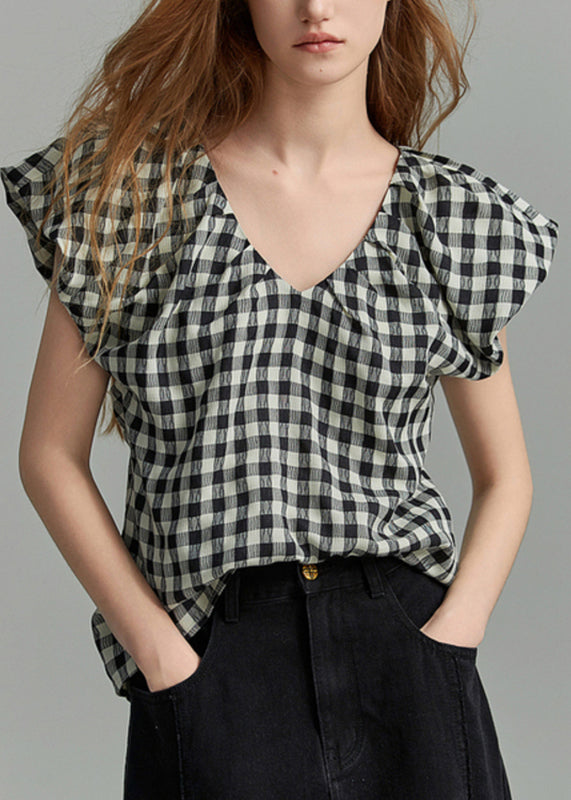 Black V Neck Plaid Shirt Short Sleeve