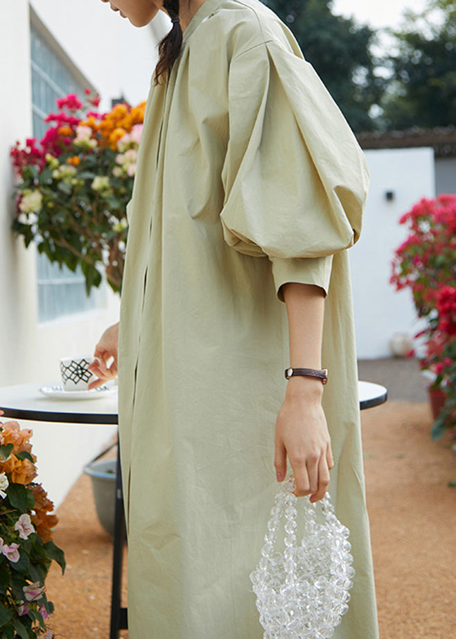 Unique Light Green Stand Collar Cotton Maxi Dress Fall