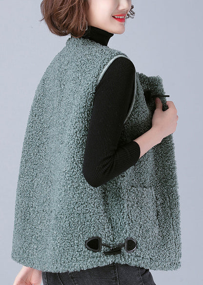 Coffee O-neck Drawstring Button Faux Fur Waistcoat Fall