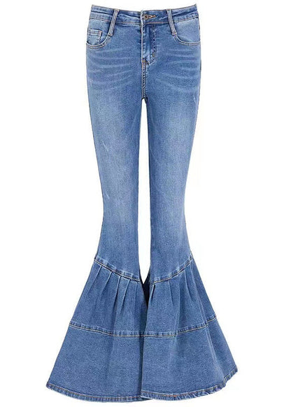 Blue Pockets High Waist Denim Flared Trousers Summer