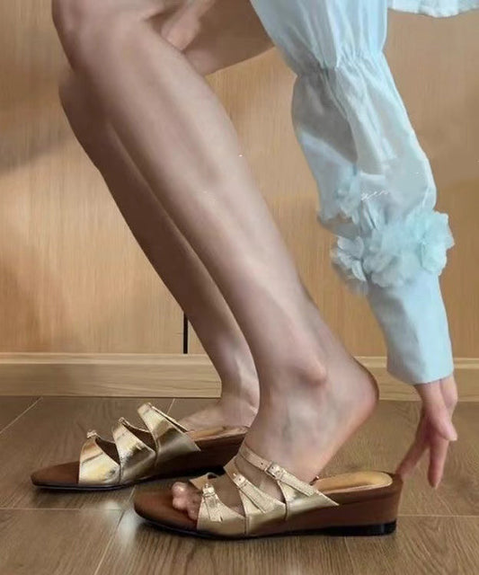 Gold Wedge Slide Sandals Hollow Out Peep Toe