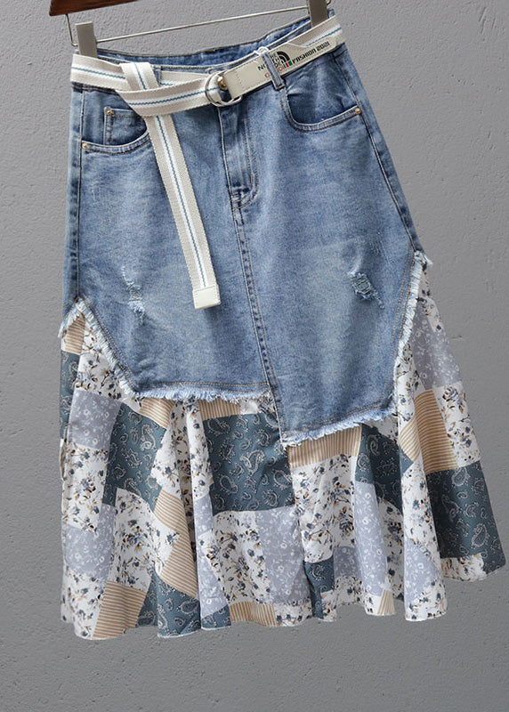 Denim Blue Print Patchwork High Waist Maxi Skirt Summer