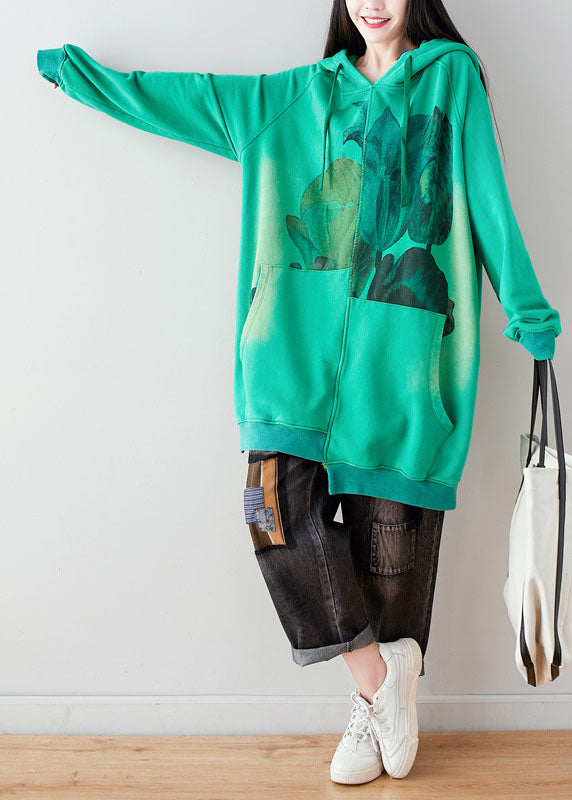 Green Hooded Drawstring Pockets Asymmetrical Design Print Sweatshirt Dresses Spring