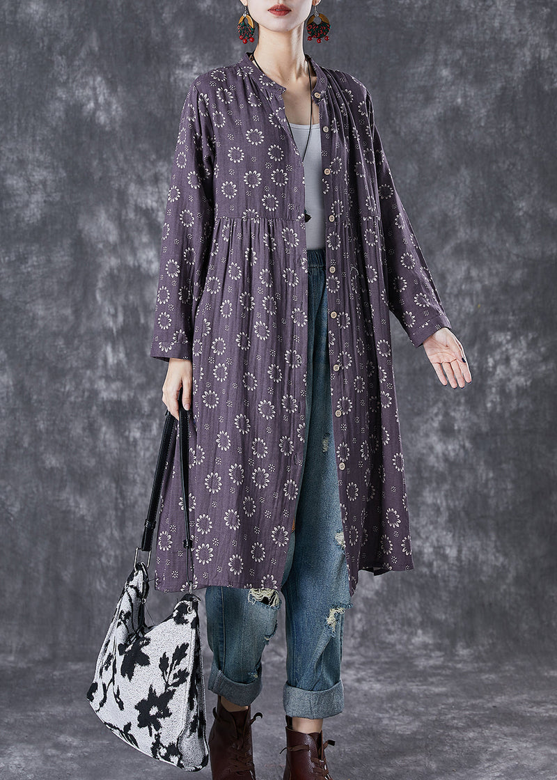 Purple Print Button Down Cotton Dresses Fall