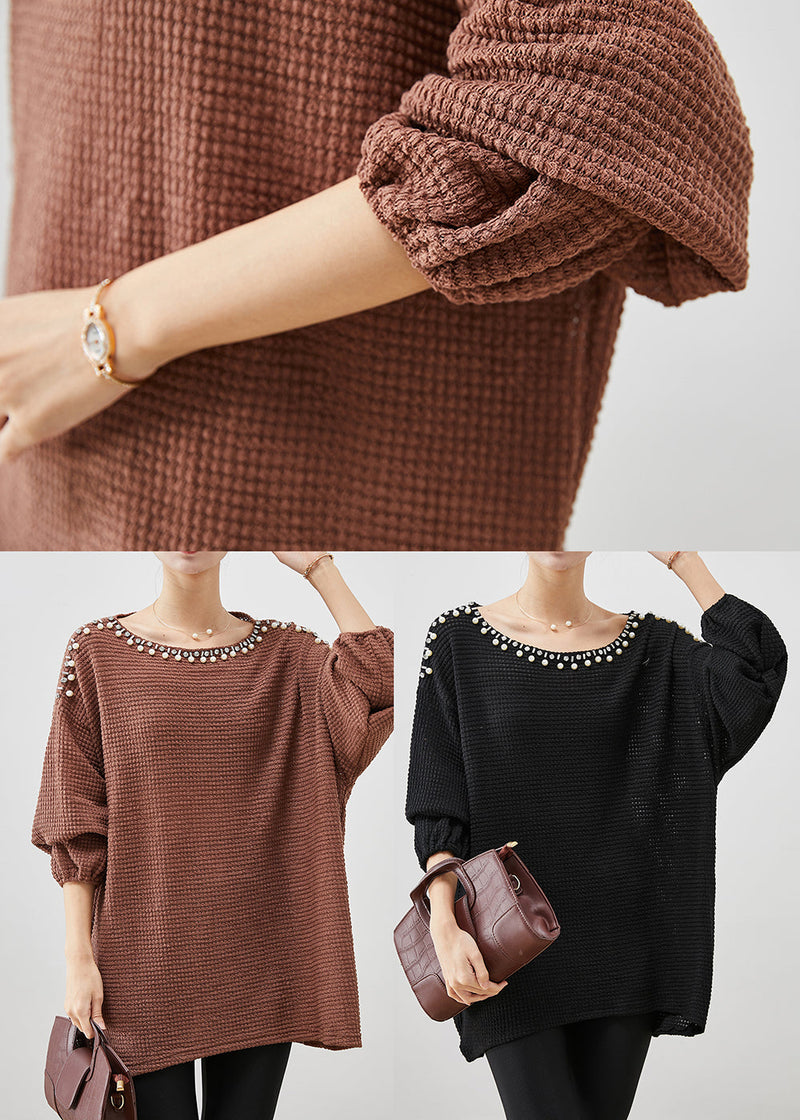 Coffee Nail Bead Thick Knit Sweater Winter