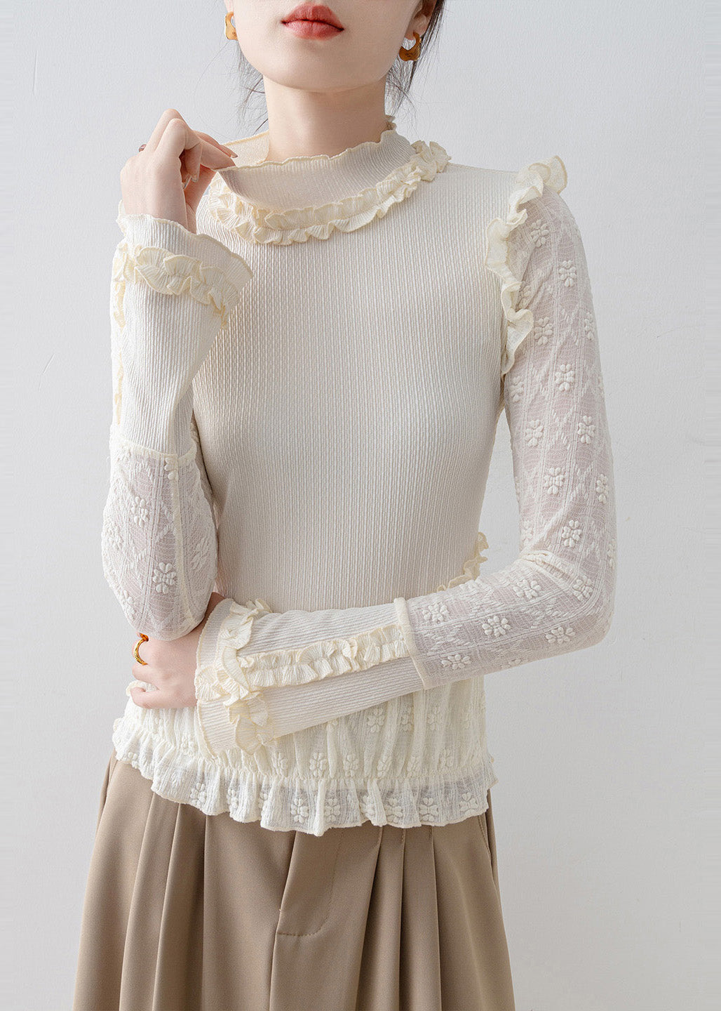 Beige Ruffled Jacquard Lace Blouses Spring