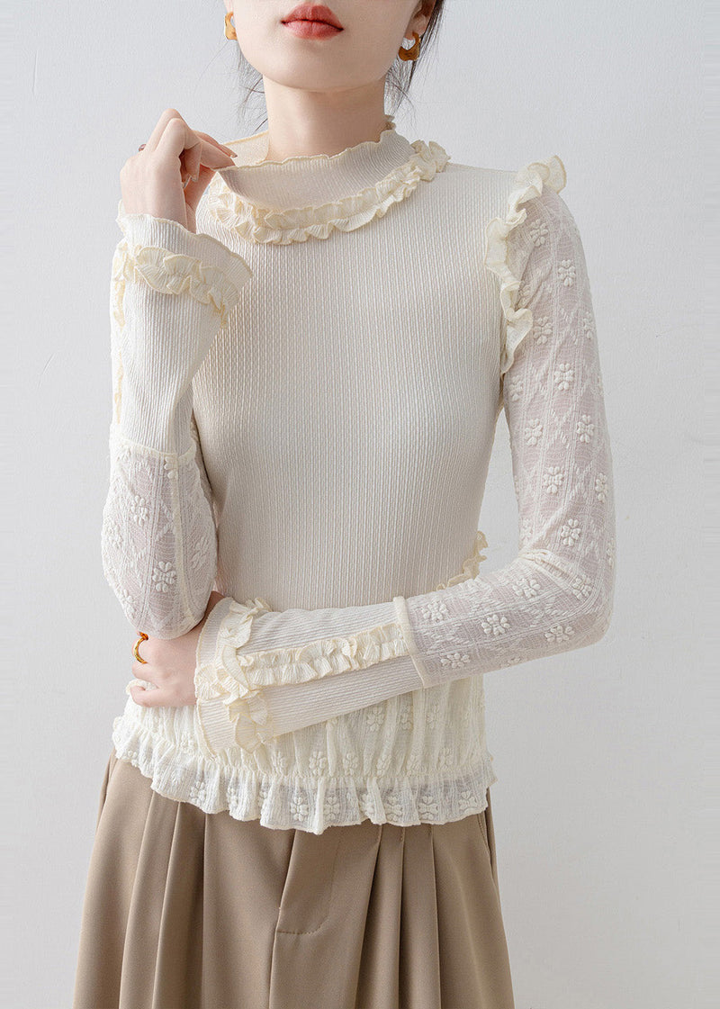 Beige Ruffled Jacquard Lace Blouses Spring
