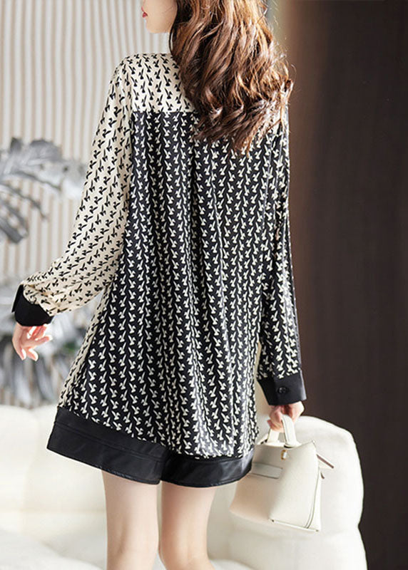 Black V Neck Contrast Color Print Chiffon Shirt Fall