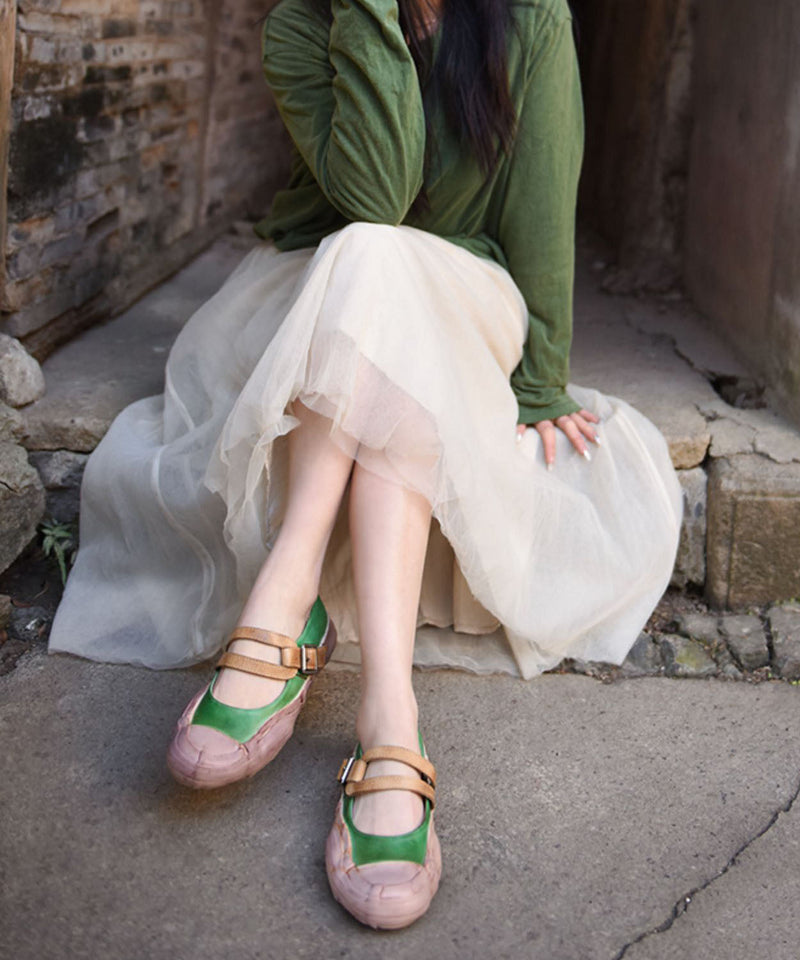 Simple Splicing Flat Shoes for Green Cowhide Leather Buckle Strap
